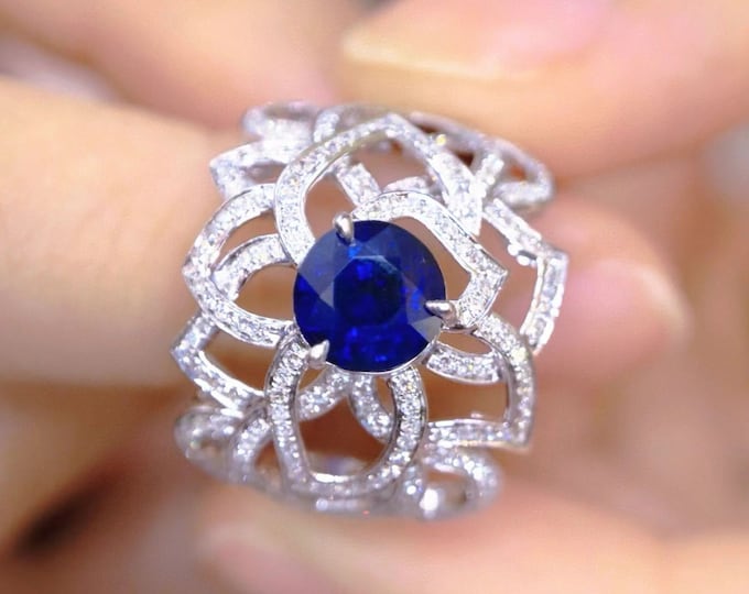 Art Deco natural sapphire ring in 18k white gold/Diamond paved royal blue sapphire ring gift for her/Unique handmade custom sapphire ring