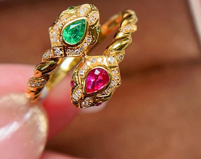 unique natural emerald ruby two stone ring in solid gold/handmade emerald fine ring with diamonds/high end personalized fine ring jewelry