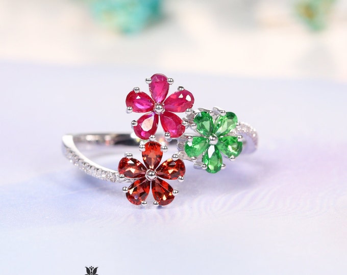 8k rose gold Triple flower ruby Ring/Half eternity diamond halo Star Ruby Ring/handmade jewelry for women bridal gift/vintage Art Deco