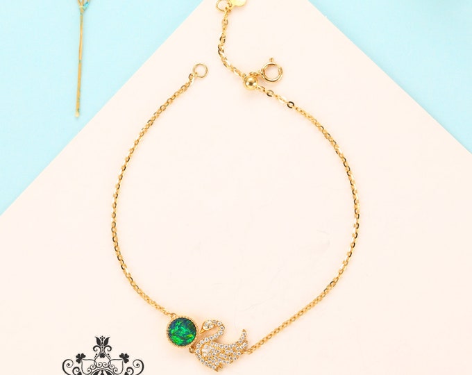 Diamond Swan Genuine Australian Black Opal Bracelet in 18k rose gold/Dainty handmade gemstone bracelet/Opal Doublex Unique design/Birthstone