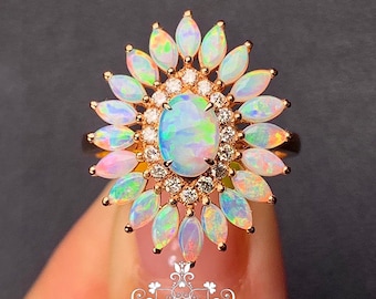 Sunflower Australian Opal Engagement Ring: 14k Rose Gold Diamond Halo/Marquise shape opal ring/18K Rose Gold Australian Opal Sunflower Ring
