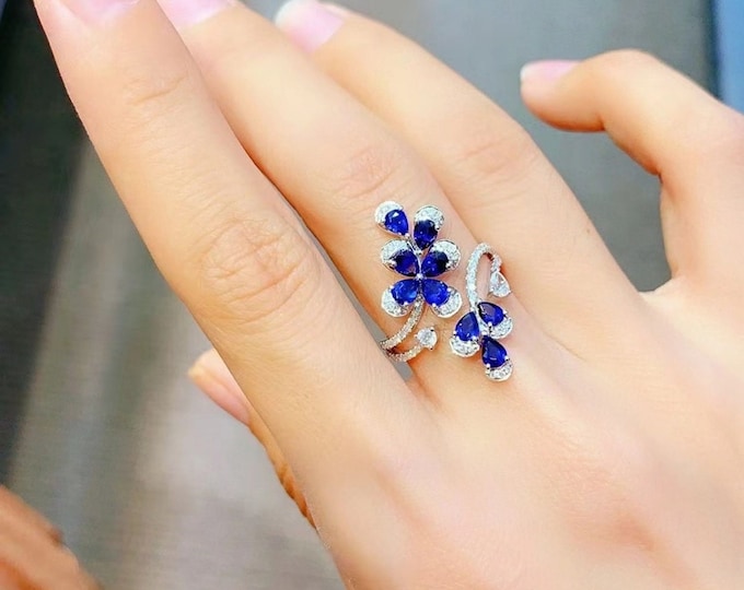 18k white gold cluster untreated sapphire ring/Multi-stone natural sapphire Promise gift/Blue gemstone ring/Vintage Antique/Art Deco women