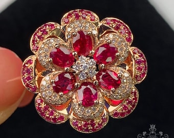 18k Rose Gold Natural Ruby Flower Ring-Natural Diamond Ruby Engagement Ring/elegant luxury gift,collector piece,museum quality,Burmese ruby