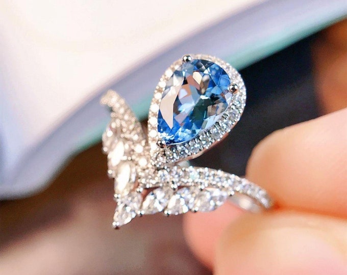 18k solid white gold natural Santa Maria aquamarine ring/Diamond halo aquamarine engagement ring/Saint Mario Aquamarine solitaire Proposal