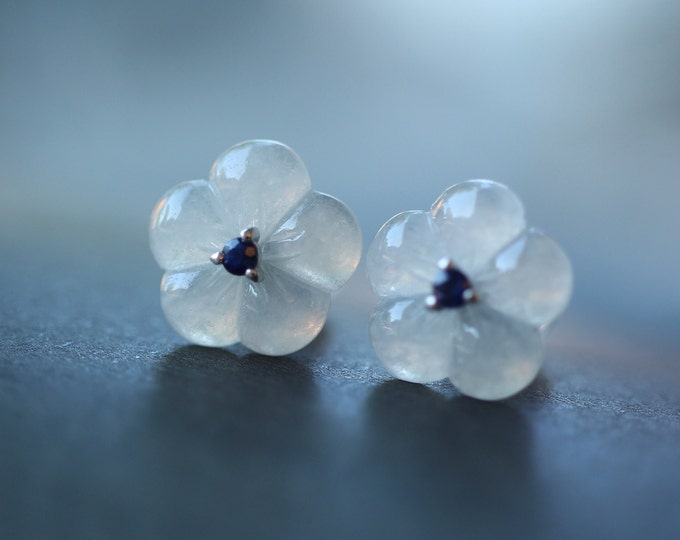 18k white Gold Myanmar Natural Icy Type Jadeite Jade Studs/Sapphire flower Heart/Translucent Burmese Jade earring/One of a kind gift for her