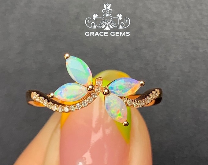 Blossom Genuine Marquise Rich Rainbow flash Opal Ring in 18k Rose Gold with Diamonds/Australia Opal Engagement Wedding Elvish Ring for her
