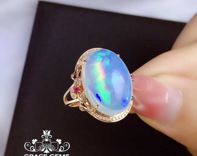 18k rose gold opal ring/Transparent Boulder Genuine Opal Ring with Diamonds Rubies & Travorites/Natrual Opal Engagement Wedding Bridal gift