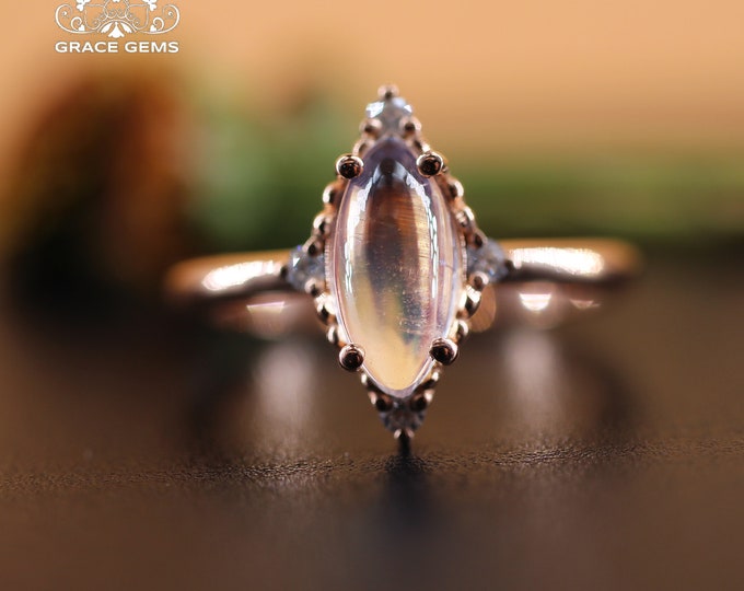 18k Marquise Moonstone Engagement Ring/Eternity halo diamond band/5X10mm Color change Gem Wedding ring/Vintage Antique Edward/Handmade women