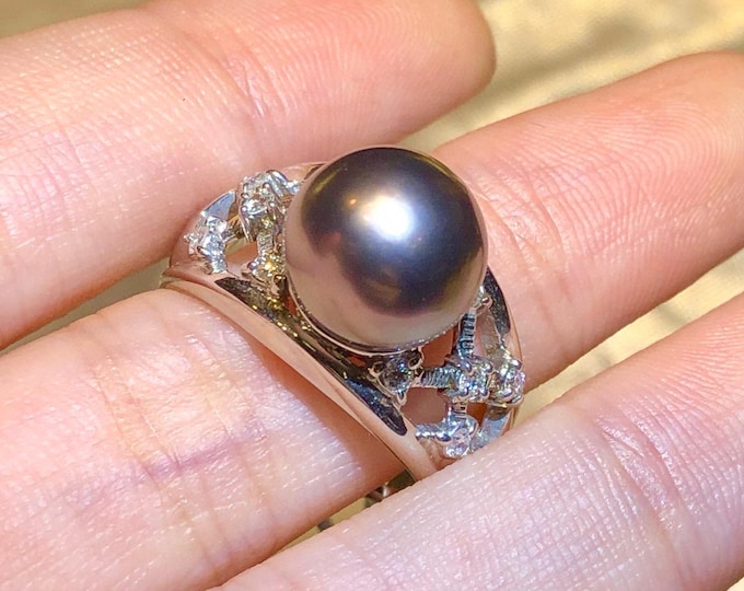 11mm 18k white gold/platinum gold Natural Tahiti Black Pearl Ring/Engagement wedding black pearl ring with diamond/Ocean Pearl handmade ring