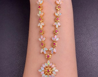 Natural Quality Australian Opal Pendant Necklace in 18k rose Gold Pink Sapphire Halo/unique handmade opal cabochon necklace/birthday jewelry