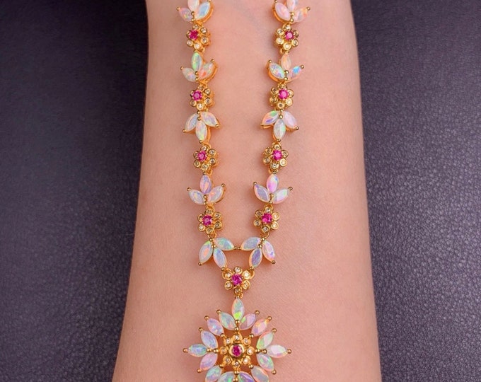 Real na9tural cabochon Australian Opal pendant necklace in 18k rose gold with diamonds and real rubies/Unique designer opal jewelry/Handmade