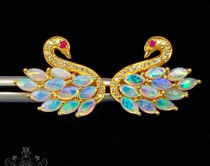 Swan Shape Genuine Australian Opal drop Stud in Solid 18k Rose gold with sapphires and rubies/Raw Opal Dangler/Natural Opal Anniversary gift