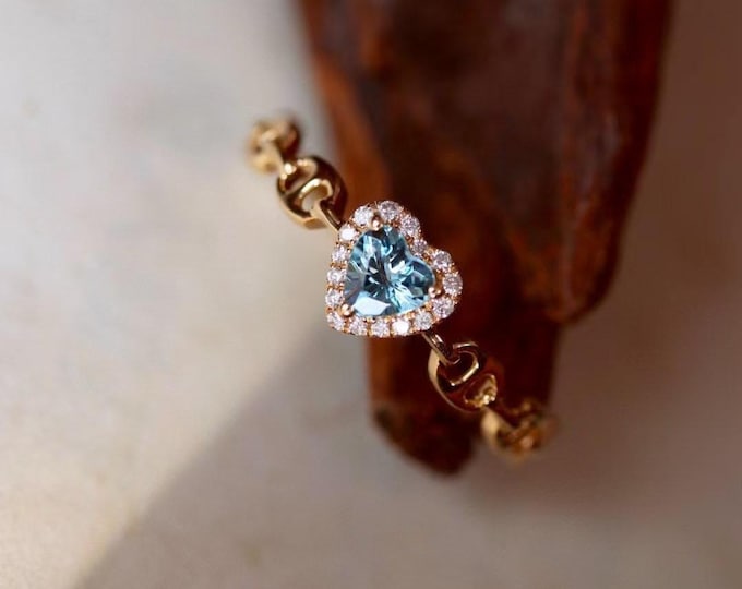 Unique Natural 5A grade heart aquamarine ring 18k rose gold/Diamond halo Art Deco aquamarine ring/aquamarine birthstone engagement ring