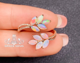 Twig opal ring/Cluster Marquise Genuine Australian Opal Engagement Ring in 18k Rose Gold with Diamonds/handmade Bridal ring/ bridesmaid gift