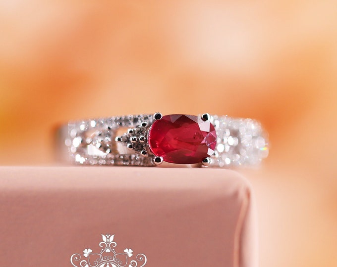18k White Gold Natural Ruby ring with Diamonds/Custom unique ruby wedding engagement ring/Handmade ring for women/Fine celestial jewelry/Mom