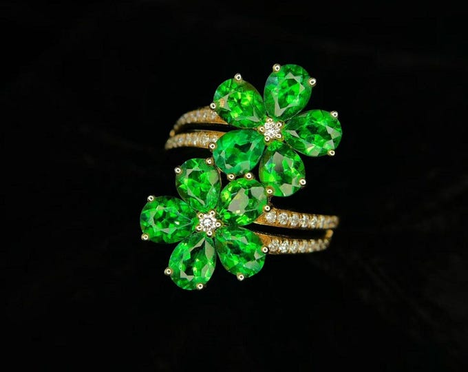 Floral statement tsavorite earrings in 18k yellow gold - double flower green garnet ring- best friend sister ring-handmade unique green ring