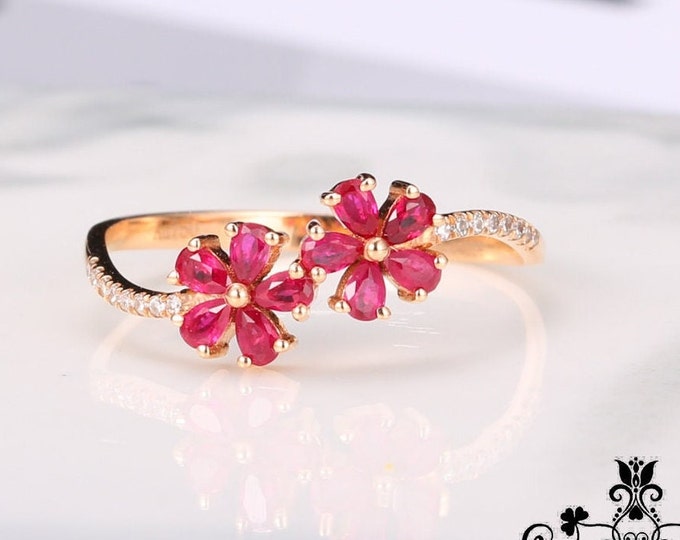 18k rose gold two flower ruby Ring/Real ruby and diamond halo Star Ruby Ring/handmade jewelry for women bridal gift/vintage Art Deco ruby