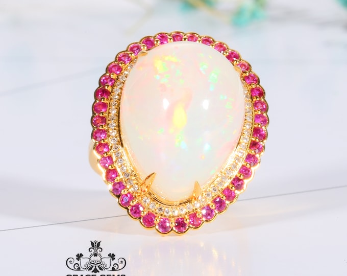 Huge Pear Top Class Genuine  Opal Engagement Ring in 18k/14k Gold with rubies Accent/Natural Boulder Opal ring/Raw Opal/Opal Wedding ring