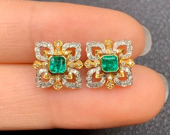 Genuine Colombia emerald studs in 18k solid yellow gold with diamonds/Halo emerald earrings/Unique quality handmade emerald jewelry/Vintage