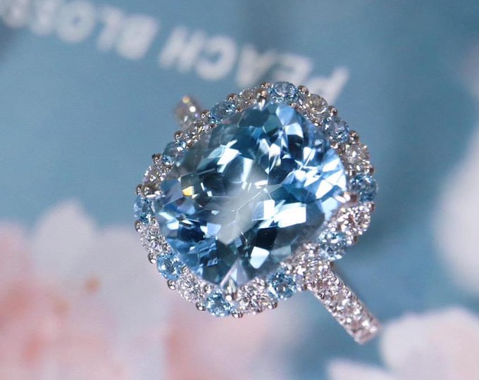 Unique cushion cut natural Santa Maria ring in 18k white gold/Diamond halo real aquamarine ring for her/Women aquamarine engagement ring