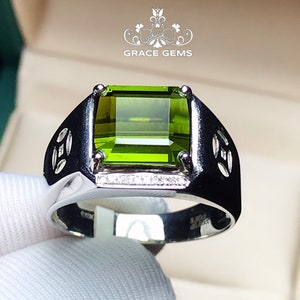 18k gol natural green tourmaline mens engagement ring/Masculine mens boho ring/Chunky green gemstone ring for men/Art Deco/Warrior mens ring