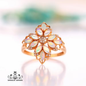 18k rose gold natural Australian opal ring with Diamonds Engagement Wedding ring/Raw Opal Handmade gift for her/art deco ring/Birthday gift