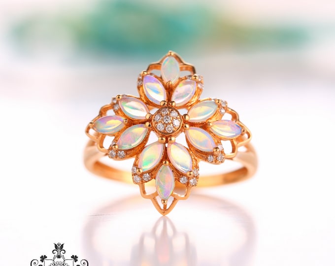 18k rose gold natural Australian opal ring with Diamonds Engagement Wedding ring/Raw Opal Handmade gift for her/art deco ring/Birthday gift