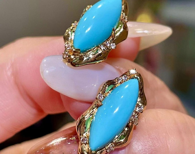 18k Gold Turquoise Stud Earrings: Natural Cabochon Gemstone
