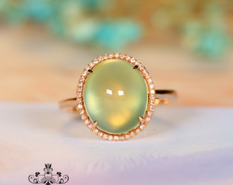 Classic Genuine Boulder Prehnite Engagement Promise Wedding Halo Ring in Solid 18k Gold with Diamonds Accents/Unique Anniversary Birthday