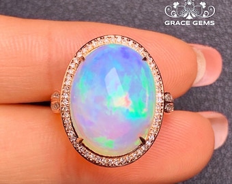 Huge Natural Ethiopian Opal Ring: 18k Rose Gold Diamond Halo Opal Engagement Ring/Unique statement opal jewelry/unique opal fine ring