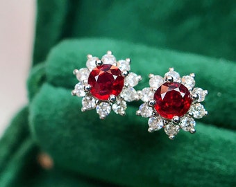 Handmade 18k White Gold Mozambique Ruby Earrings with Diamonds ruby studs/,high end gift,everyday luxury,custom fine ruby,ethically sourced