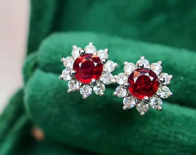 18k white gold natural Mozambique ruby earrings with diamonds/Certified genuine ruby studs/Handmade Viking earrings/Unique vintage gift