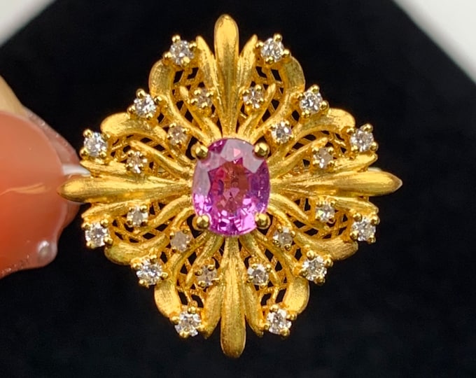 18k solid gold genuine pinky sapphire ring/Padparadscha over time engagement ring/Genuine red sapphire ring/Purple  baguette sapphire ring