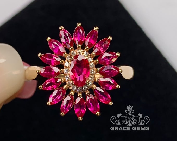 Flower Natural Mozambique pigeon blood red ruby ring/18k rose gold with diamond/Cluster ruby/antique ruby ring/14k ruby trendy ring for her