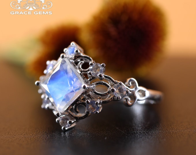 18k gold Emerald Cut Genuine Moonstone ring/Celtic vintage Engagement Wedding moonstone Ring with moonstones/Genuine moonstone/bridal gift