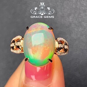 Thick Diamond Band 4prongs Boulder Opal/Australian Opal Ring in 18k14k Solid rose gold/Natural Opal/Raw Opal Engagement ring/Black Fire Opal