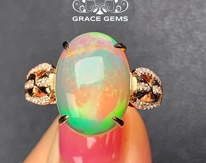 Thick Diamond Band 4prongs Boulder Opal/Australian Opal Ring in 18k14k Solid rose gold/Natural Opal/Raw Opal Engagement ring/Black Fire Opal