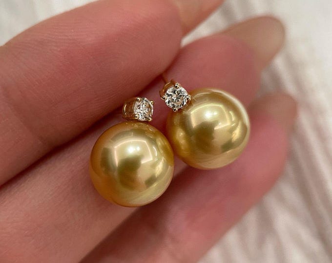 11mm South Sea Saltwater Golden Pearl Earrings-Minimalist real gold pearls/ Handmade Anniversary Pearl Jewelry/unique trendy fashion pearls