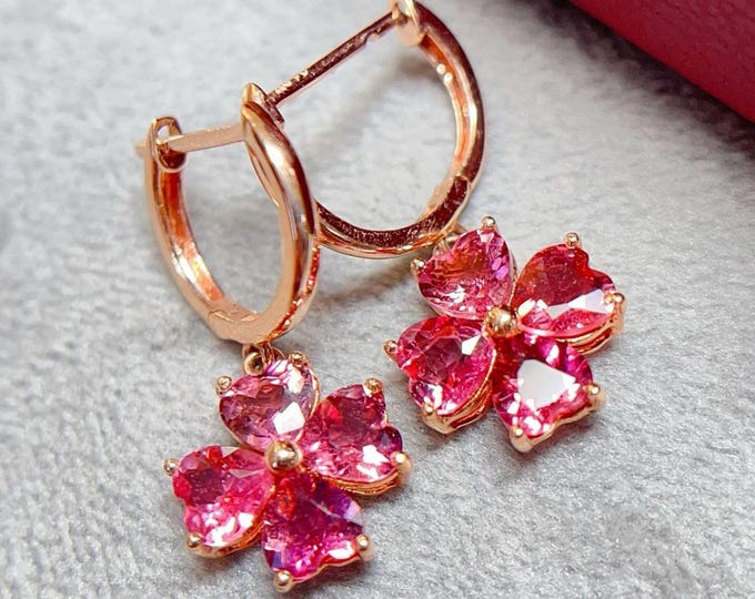 18k Rose Gold Natural heart pink tourmaline dangle earrings: Handmade Pink Tourmaline jewelry for women/unique birthday anniversary gift