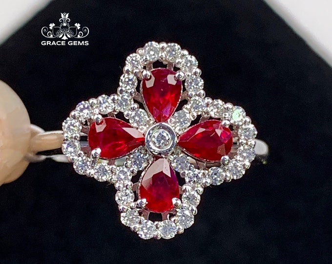 18K solid white gold natural unheated pigeon blood red ruby ring/Genuine ruby Engagement Ring with Diamonds/halo Vintage Handmade Bride ring