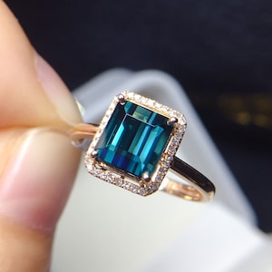 Handmade tourmaline ring/18k rose gold diamond wedding engagement band/halo promise gift for women/bridal set bridesmaid jewelry/boho band