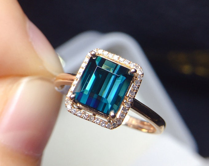 Handmade tourmaline ring/18k rose gold diamond wedding engagement band/halo promise gift for women/bridal set bridesmaid jewelry/boho band
