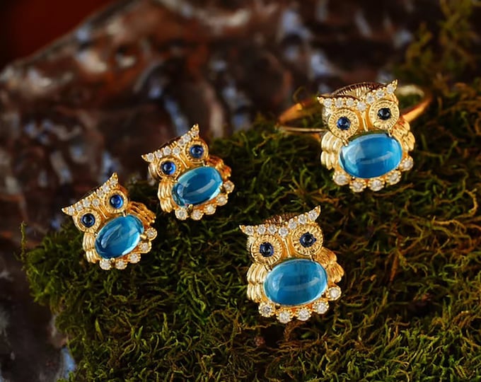 18k gold quality Swiss Blue Topaz Owl Ring with sapphires diamonds/Natural Topaz ring/Unique gift for her daughter/birthday/Anniversary