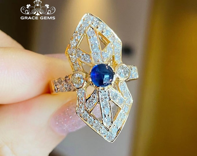 Unique 18k/14k solid yellow gold natural untreated royal blue thin sapphire ring/Victoria Vintage Diamond engagement over time sapphire ring