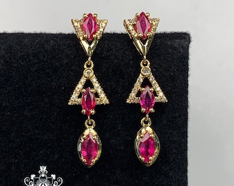 Vintage 18k Rose Gold Ruby Dangle Earrings: Unheated Ruby dangles/ investment ruby,pigeon blood ruby,certified ruby,rare ruby,luxury fine