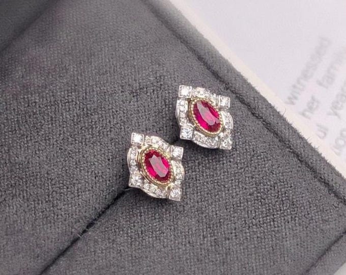 18k white gold natural ruby earrings with diamonds/Halo genuine ruby studs/Handmade Victorian ruby earring/Unique vintage jewelry women gift