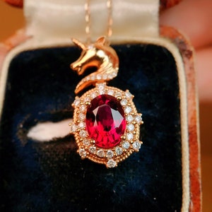 18k rose gold unicorn tourmaline pendant with diamonds/Natural rubellite red tourmaline necklace/One of a kind handmade jewelry/Anniversary