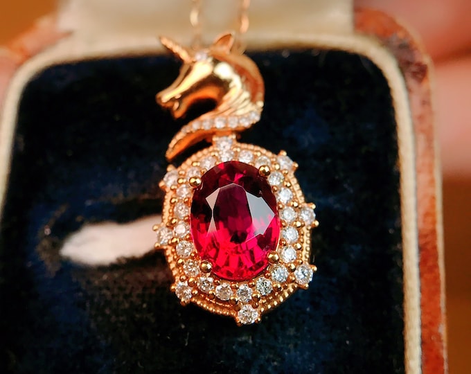 18k rose gold unicorn tourmaline pendant with diamonds/Natural rubellite red tourmaline necklace/One of a kind handmade jewelry/Anniversary