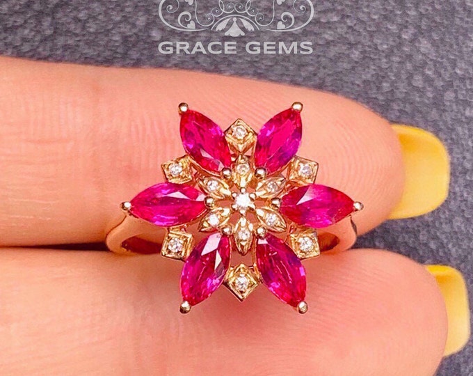 18k rose gold marquise ruby engagement ring/Gold ruby diamond ring/Ruby ring antique/Unique vintage flower ruby ring/dainty halo ruby ring
