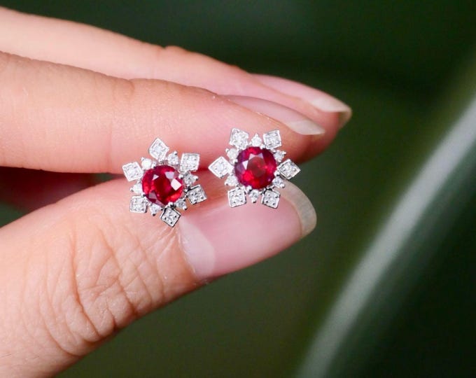 Luxurious Vintage natural Ruby studs in 18k white gold/Real Ruby earrings/Unique ruby Wedding ruby with diamonds halo/Handmade custom ruby